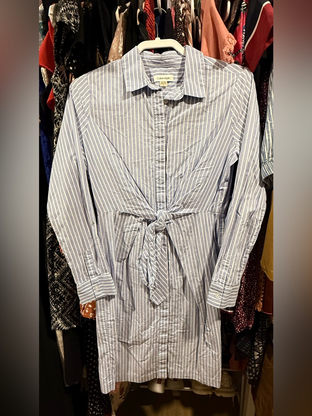 Calvin Klein Striped Long-Sleeve Shirt Dress tie-front self-tie waist design